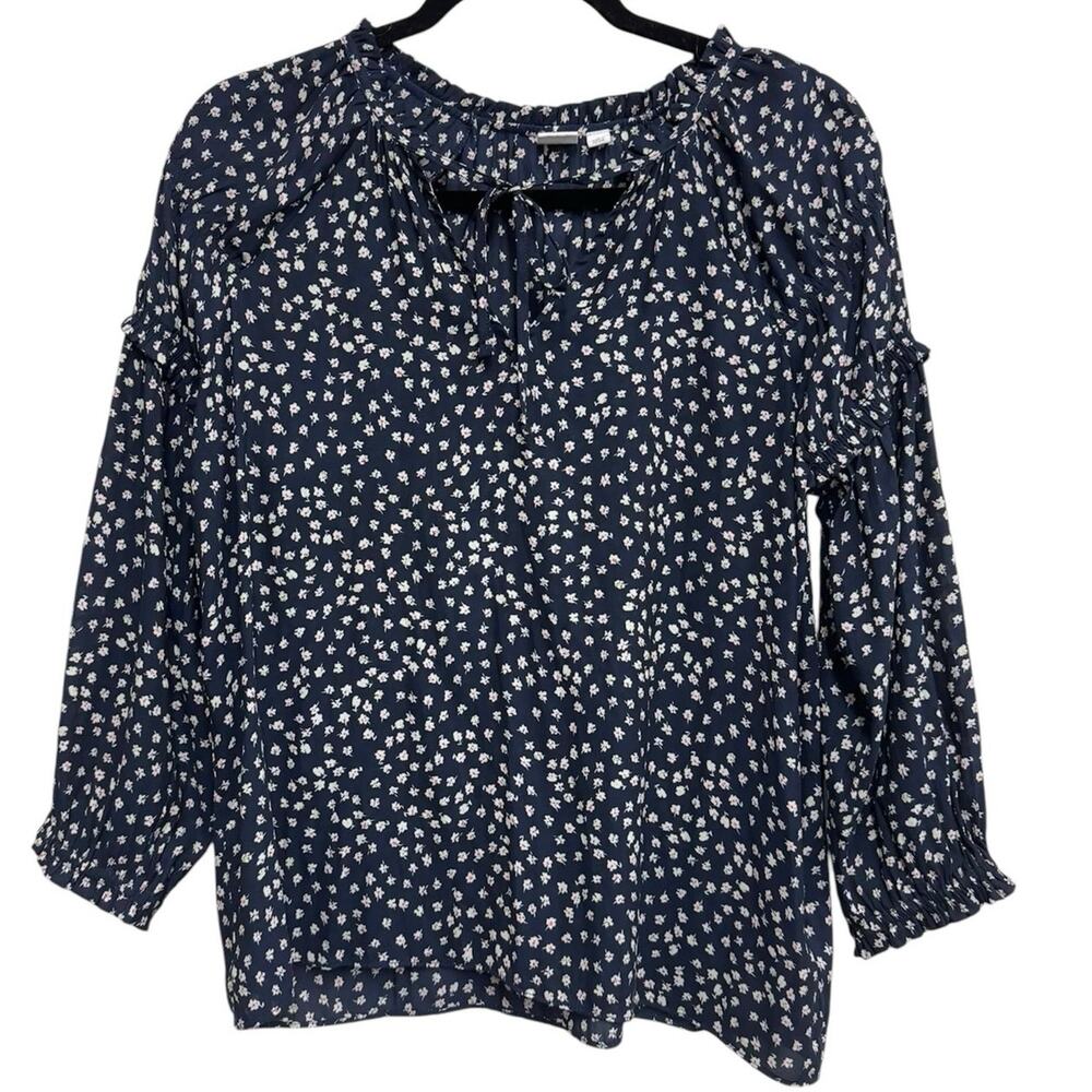 Gap Floral Peasant Blouse Small Navy Blue Boho Tie Neck 3/4 Sleeve Top‎